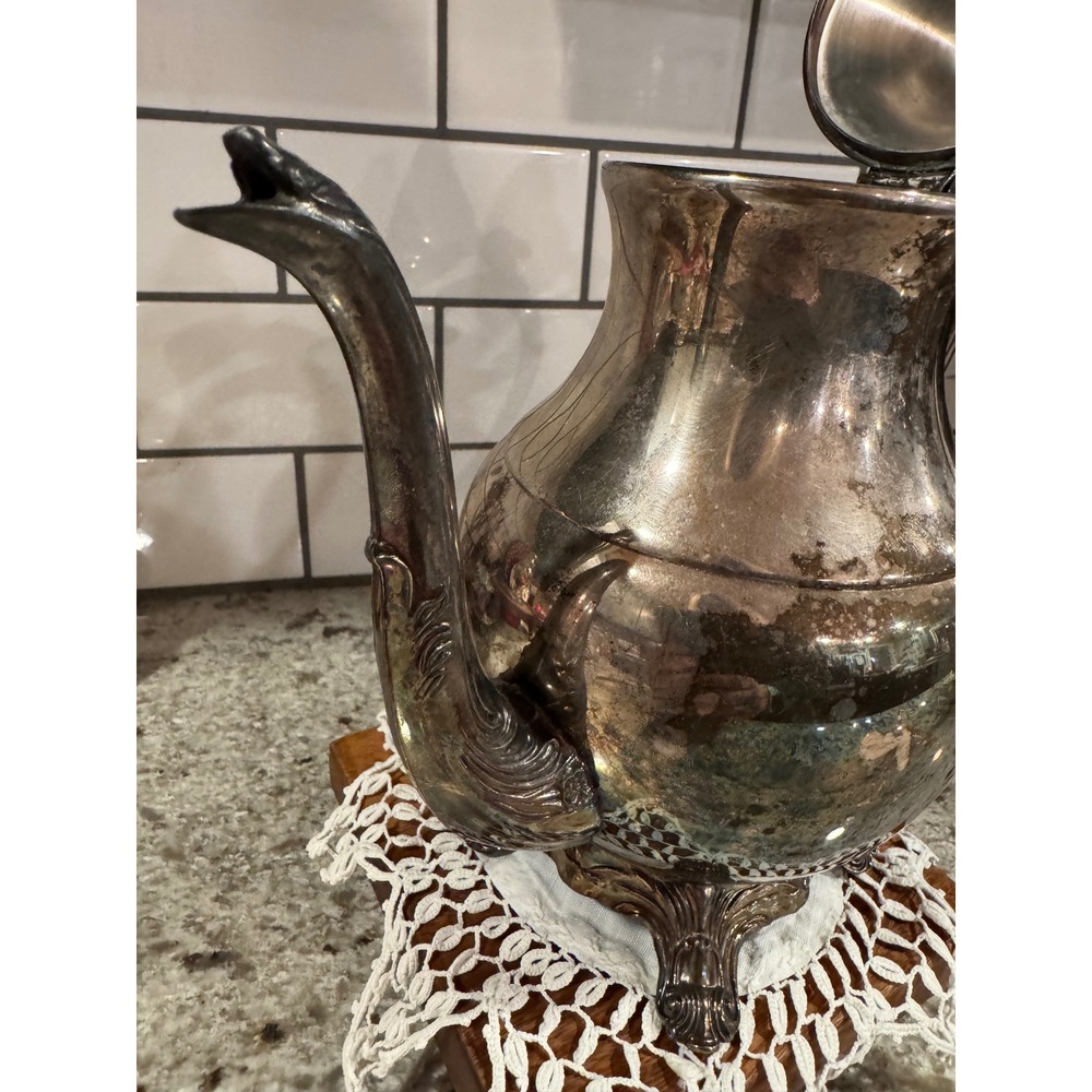 Vintage Ornate Silver Plated Footed Teapot Hinged Lid Victorian Style Tarnished - Picture 4 of 12